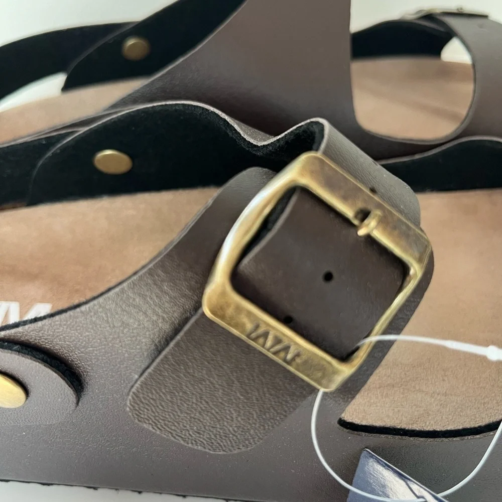 NEW Men's Size 12 Brown Leather Cork Footbed Sandals Slip on with Buckle Straps